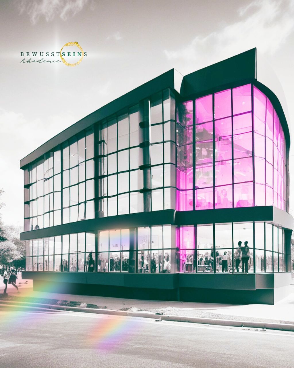 Vision einer Bewusstseinsakademie - schwarz weißes Gebäude mit Pinkem Licht und viel Licht.